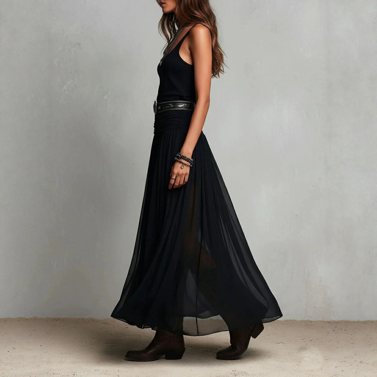 European And American-style Black Strap Long Dress